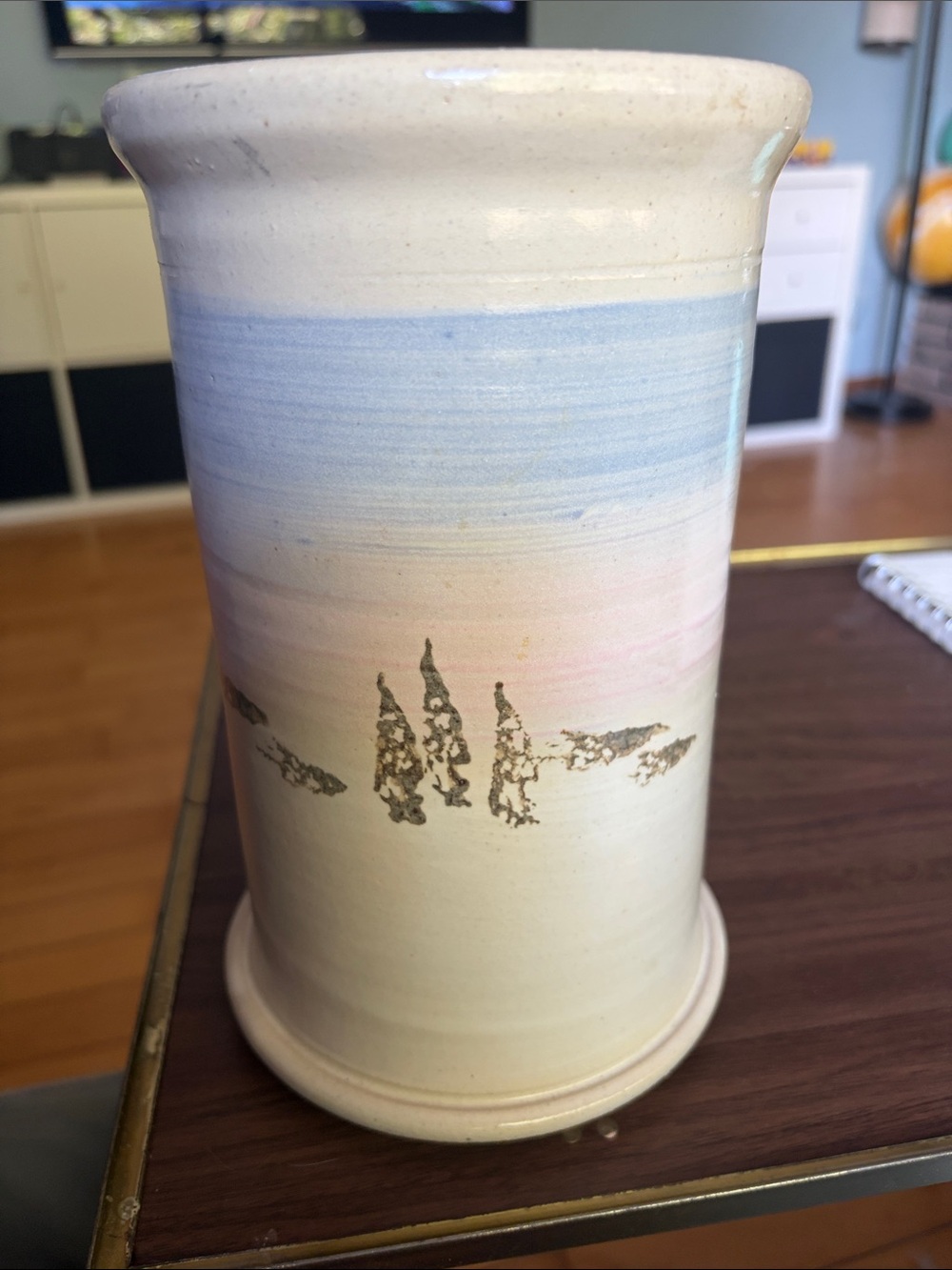 Vintage Studio Pottery Pastel Landscape Vase, Artisan Stamped Tree Silhouette